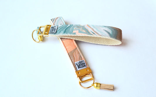 Key Fob Wristlet - Orange and Teal Marble Ink