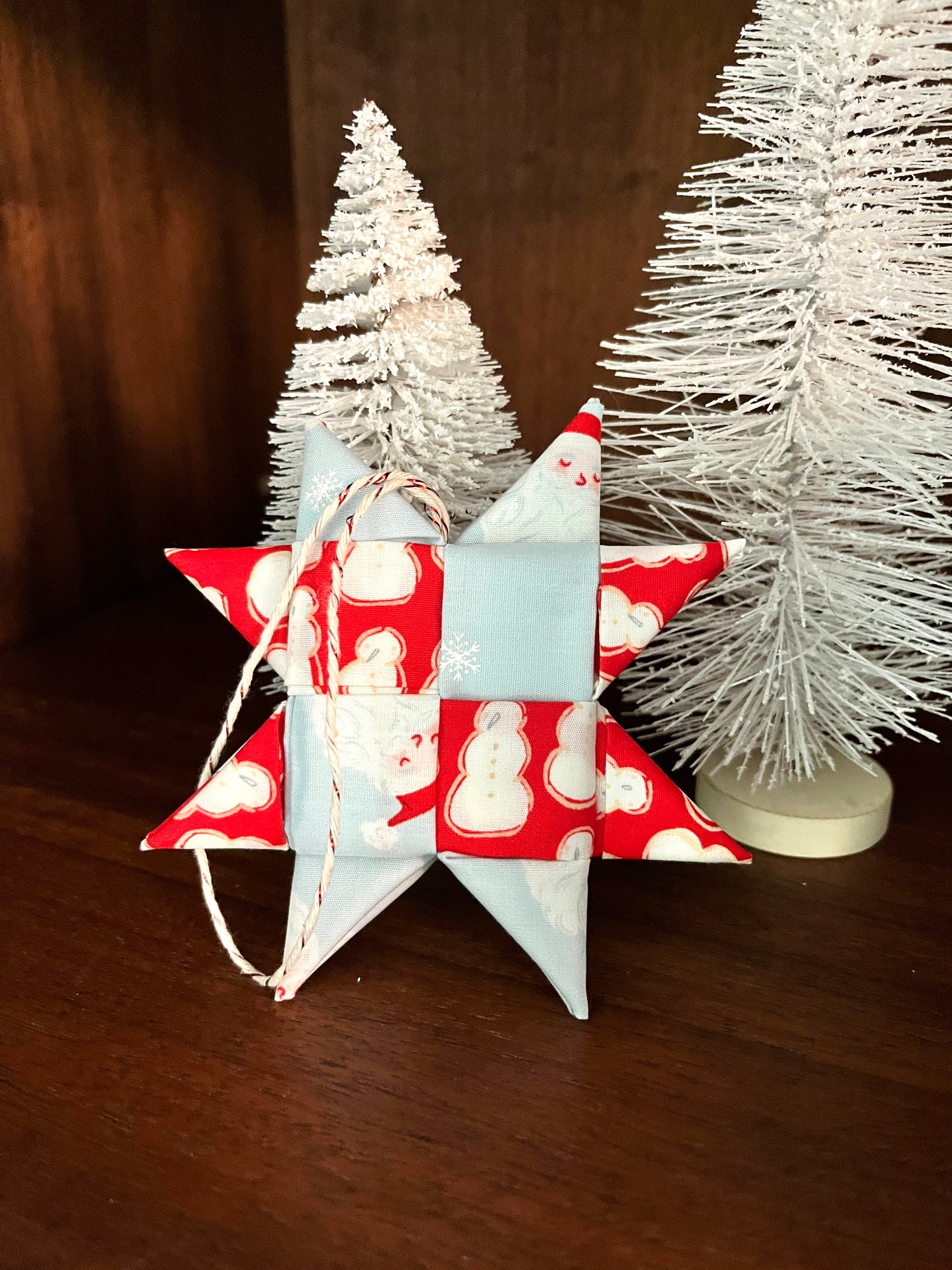 Retro Christmas Fabric Star Ornament - Snowmen and Santa