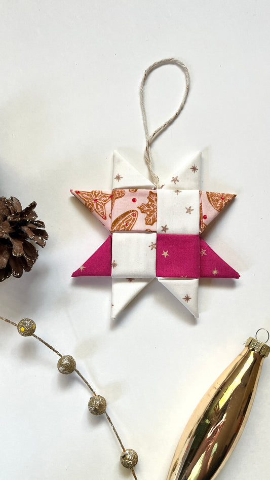 Retro Christmas Fabric Star Ornament - pink gingerbread