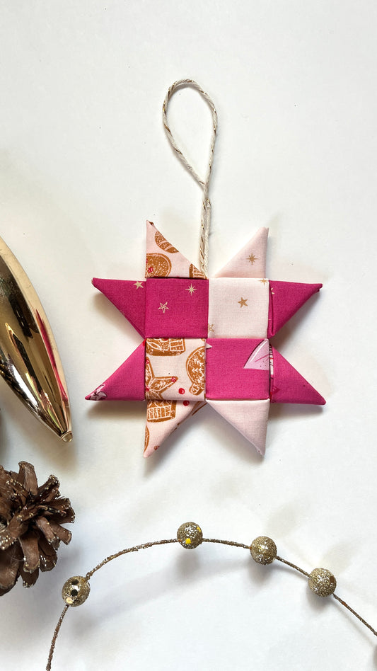 Retro Christmas Fabric Star Ornament - dark pink gingerbread