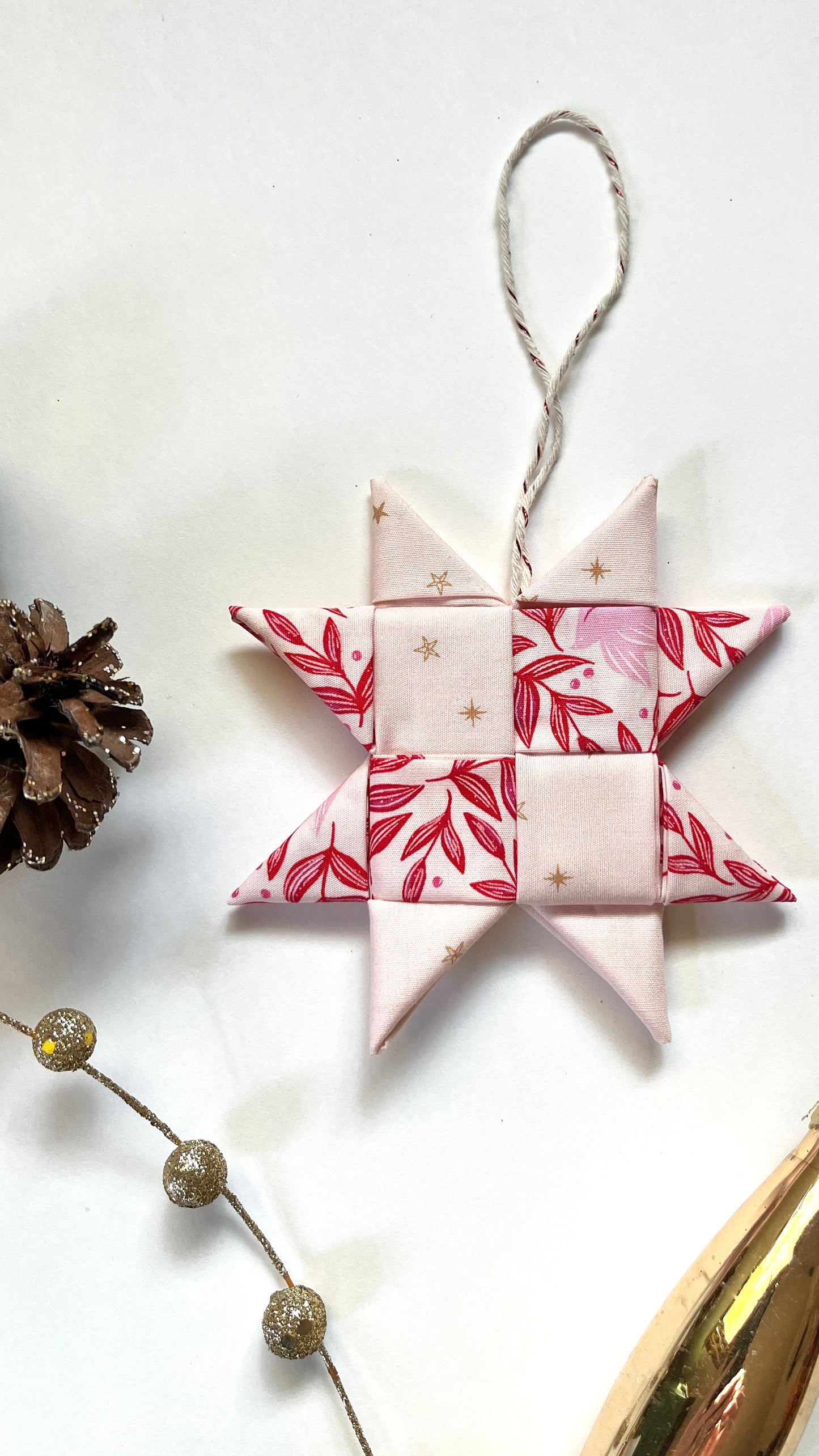 Retro Christmas Fabric Star Ornament - pink birds and branches