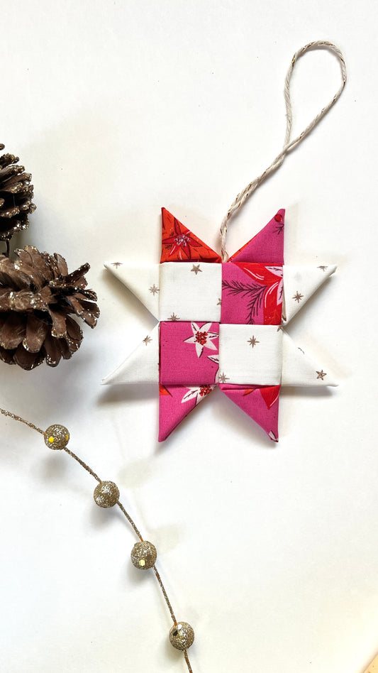 Retro Christmas Fabric Star Ornament - pink and white poinsetta