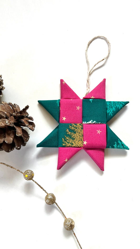 Retro Christmas Fabric Star Ornament - evergreen and pink