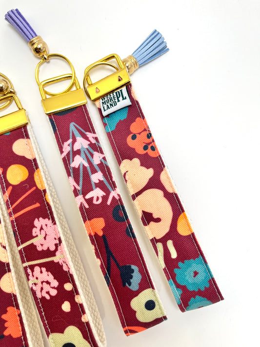 Key Fob Wristlet - Maroon Modern Wildflowers